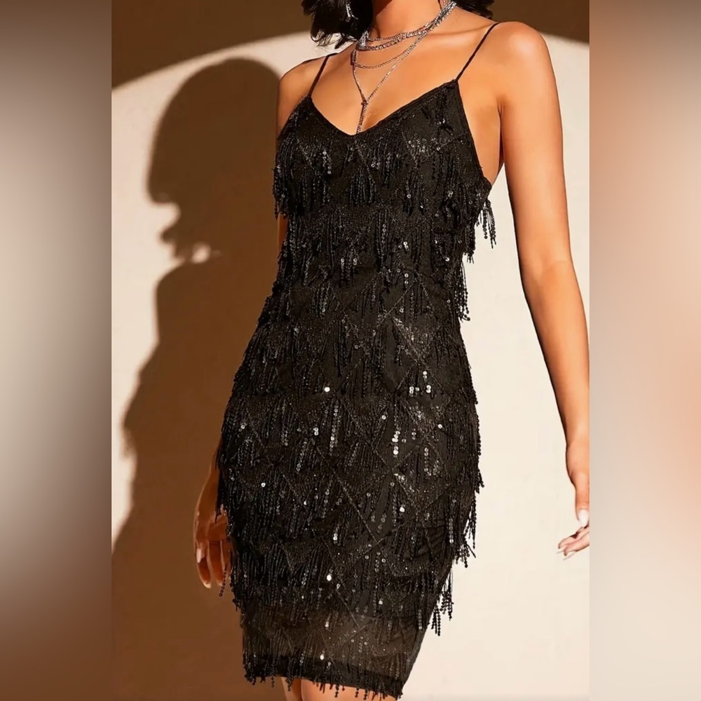 Black Sequined Fringe Bodycon Mini Dress